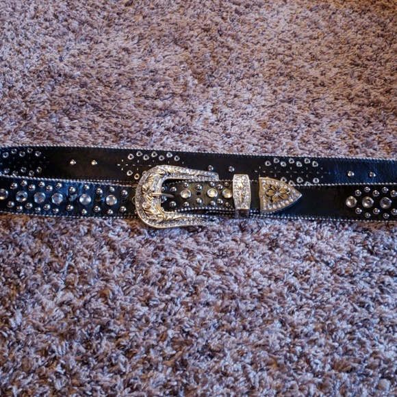 Black Leather Rhinestone Accented Belt - Picture 1 of 5